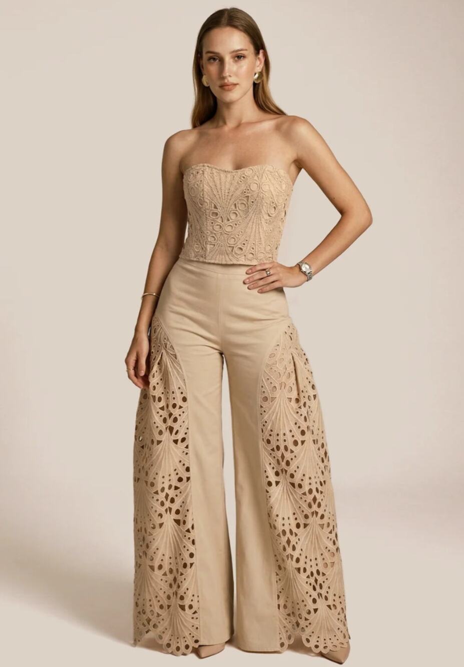 Commense Khaki Eyelet Strapless Top Wide Leg Pants Set XL NWT